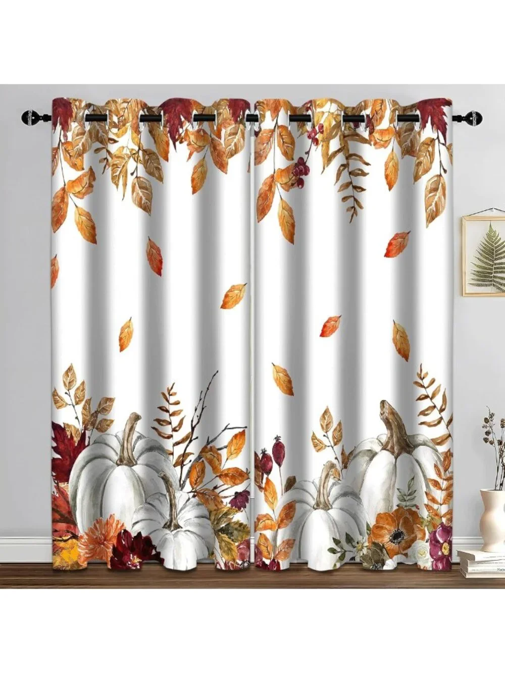 Autumn Leaves Blackout Curtains - Fall Pumpkins & Maple Leaf Drapes, 2 Panels
